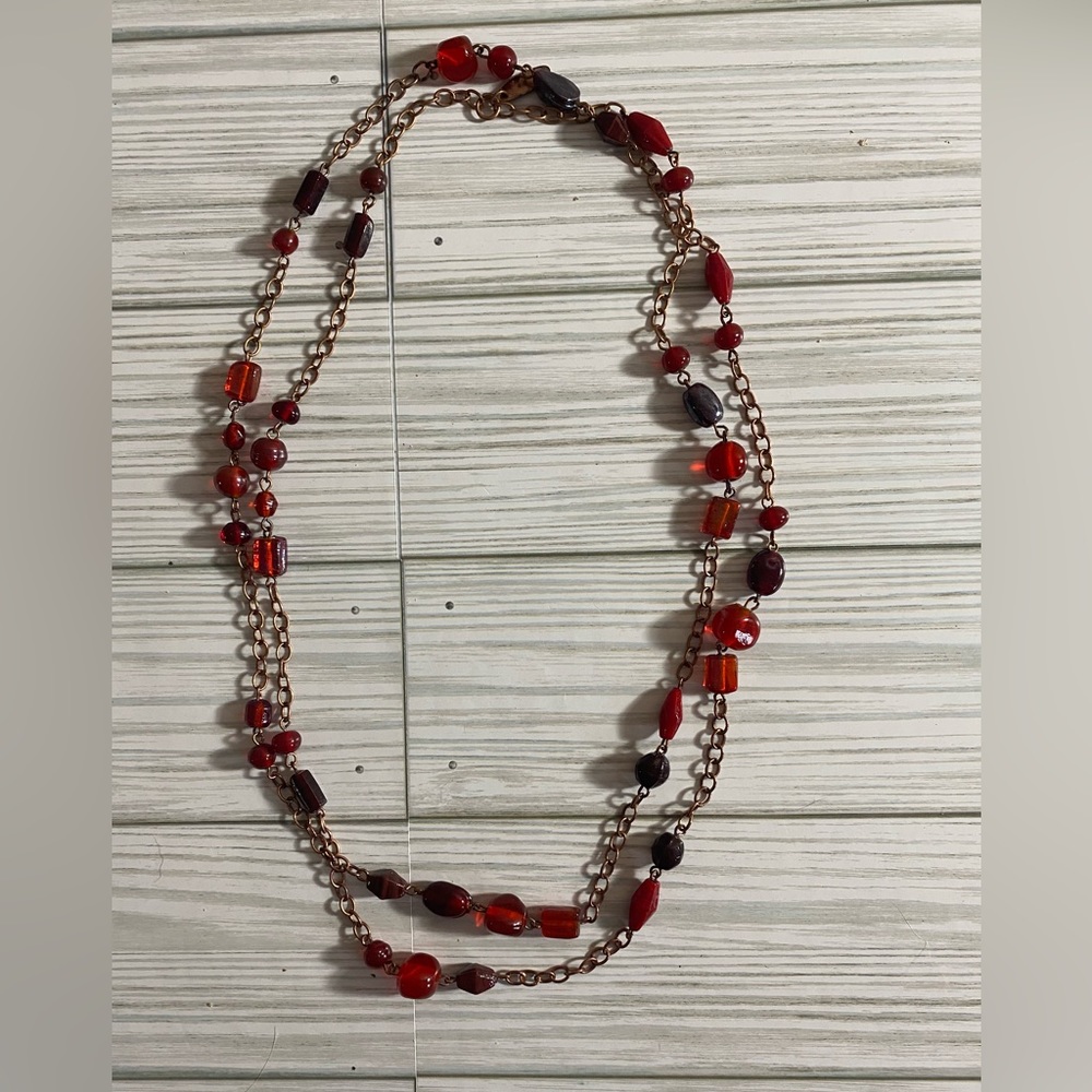 Loft Single Strand Long Necklace with Red Glass Beads